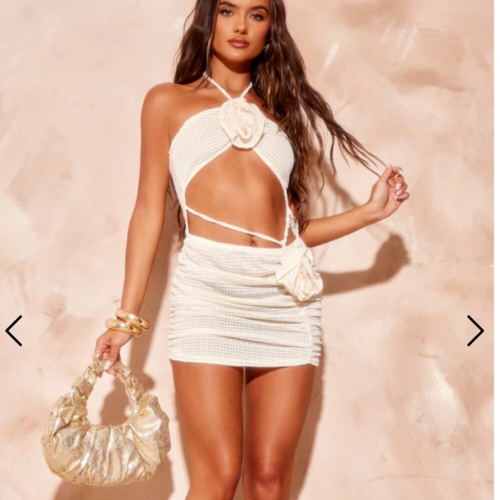 PLT Cream Texture Halter Cut Out Flower Dress, 0